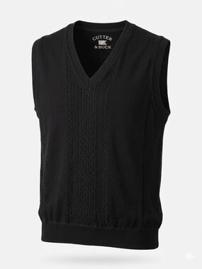 Cutter & Buck‎ Men’s black 100% Cotton V-Neck Cable Knit Sweater Vest - Size L